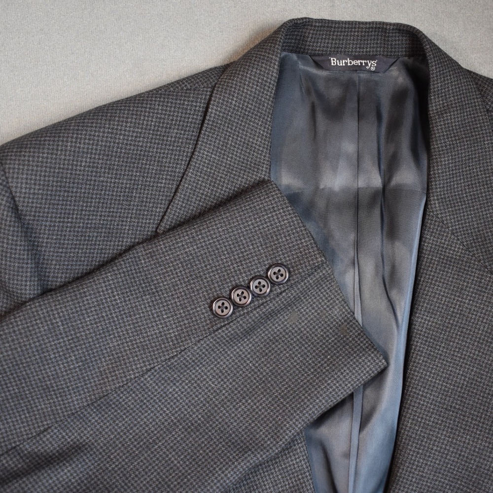 Vintage Burberry's 44 Blazer Sport Coat 100% Wool ACTWU Gray Houndstooth 90s‎